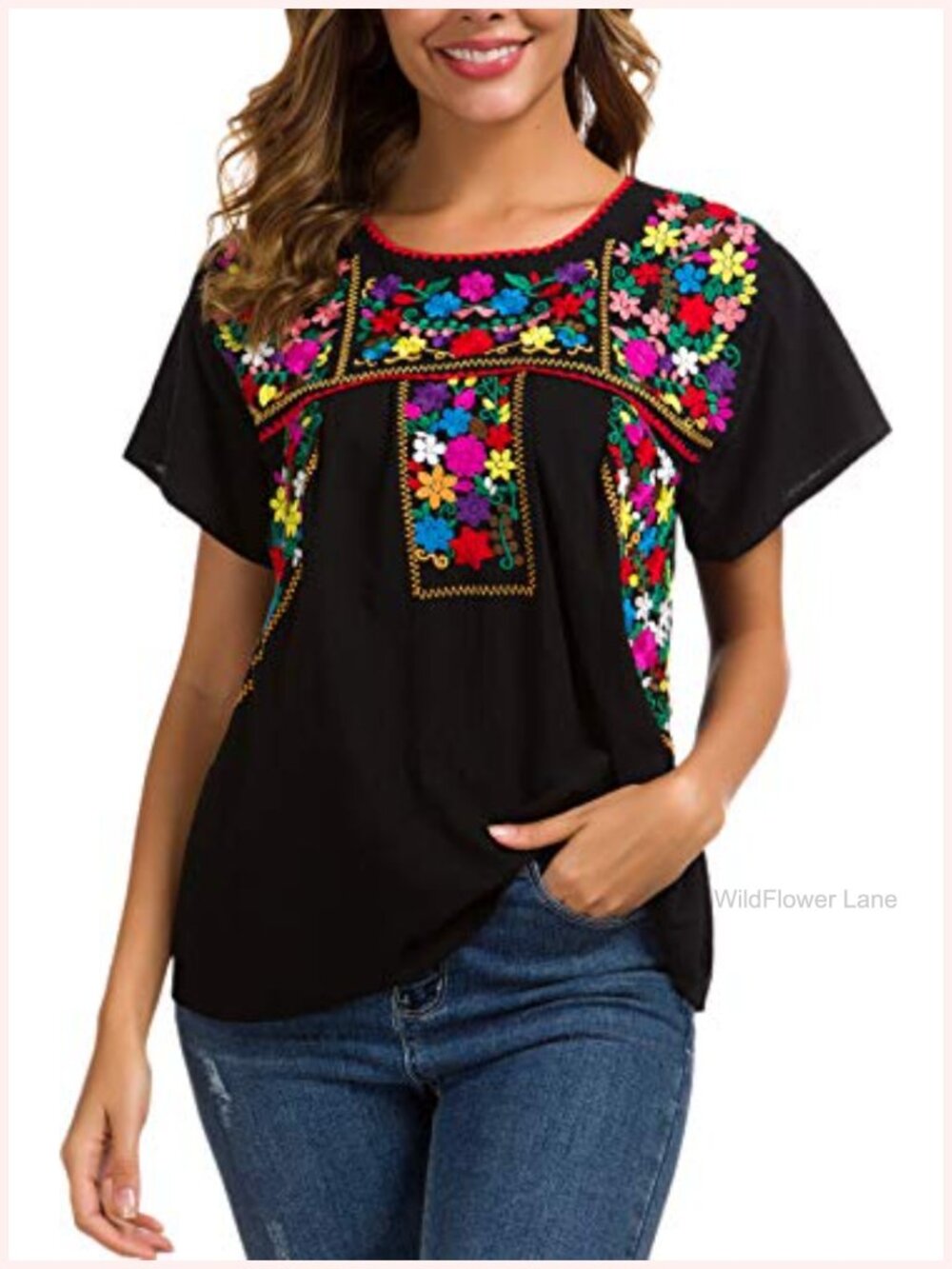 Embroidered Mexican Peasant Blouse 100% Cotton Short Sleeve Summer Top